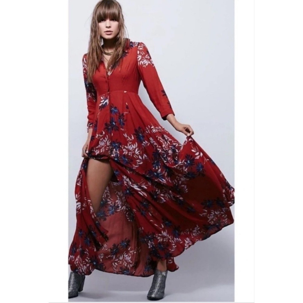 Free People After The Storm Dress Womens 2 Red Floral Maxi Shirt Boho Bohemian